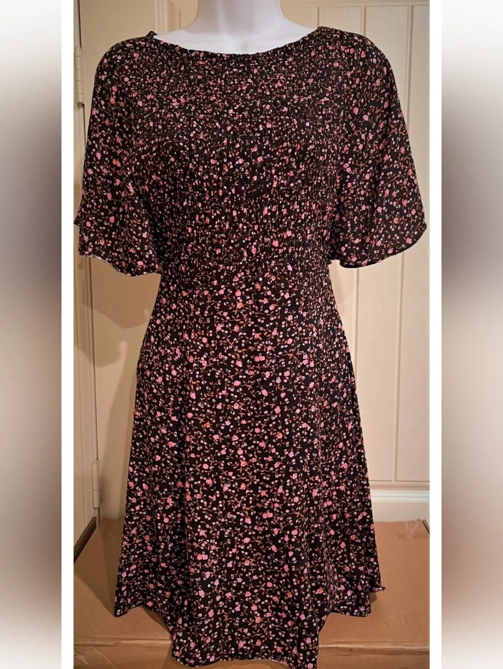 Free People Black Floral Smocked Flutter Sleeve Dress EUC